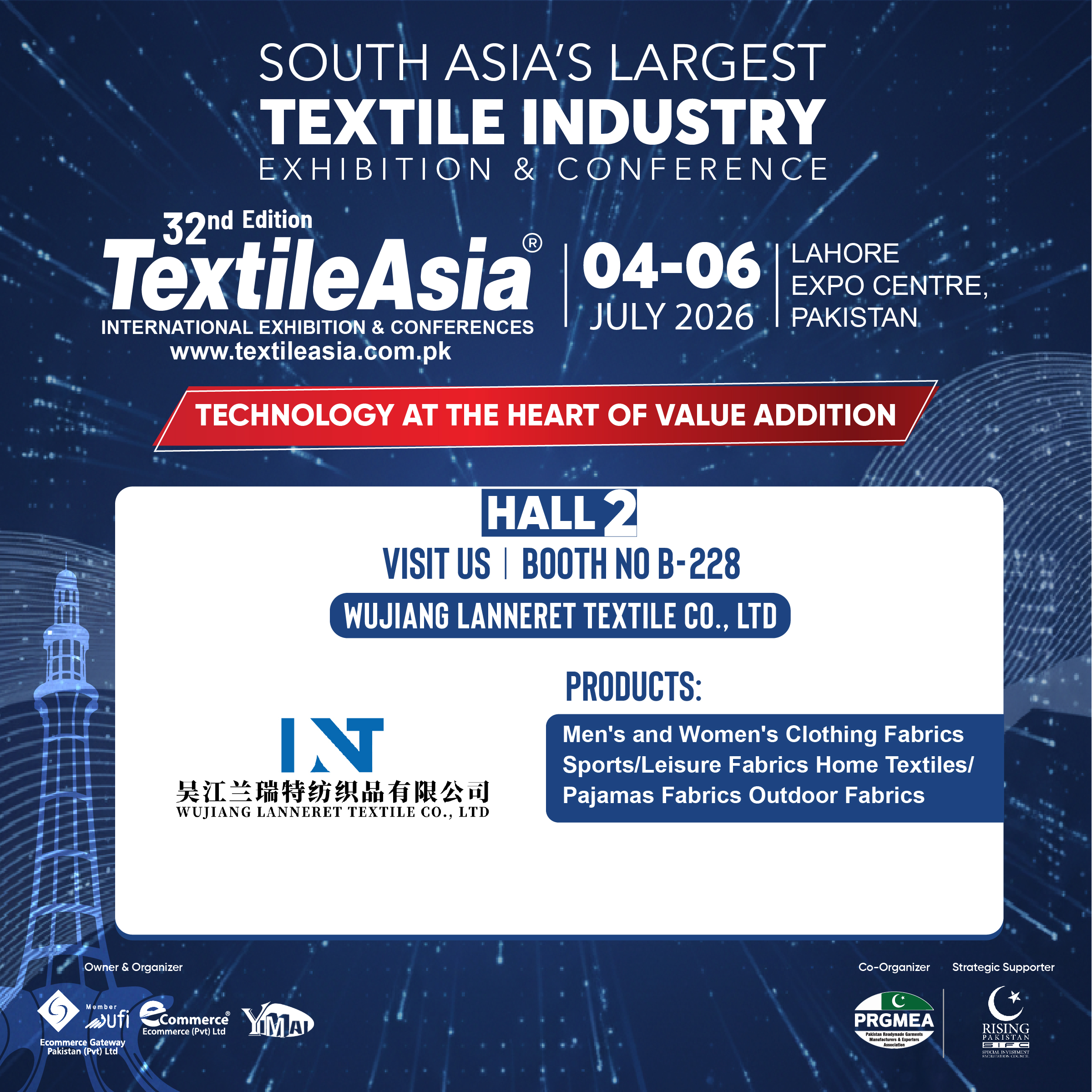 Wujiang Lanneret Textile Co., Ltd. for at fremvise premium stofløsninger på Textile Asia & CFT Asia 2026 i Lahore